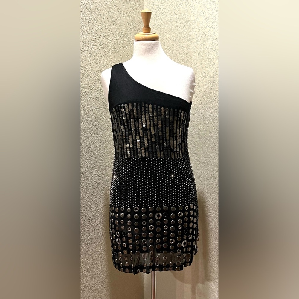 Alice + Olivia Studded Liquid Gunmetal One Shoulder Bodycon Mini Dress Black M